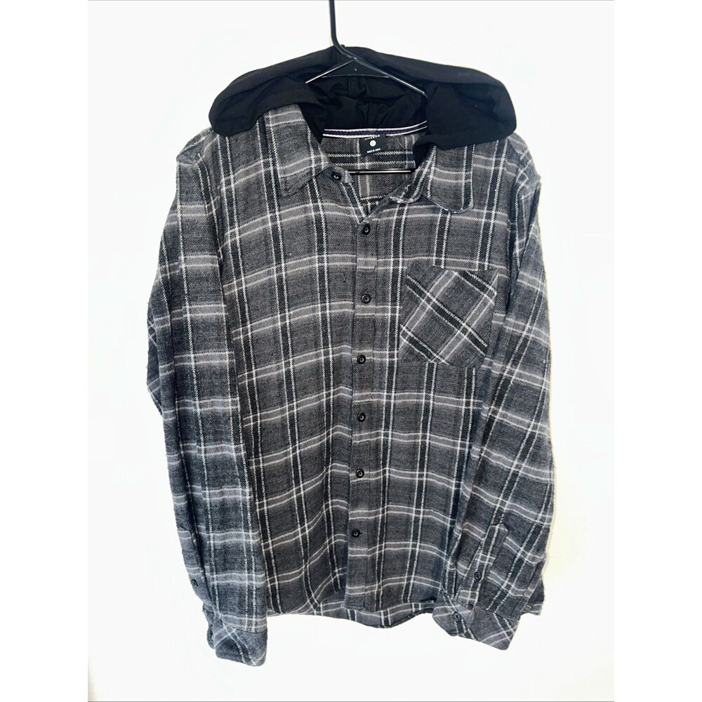 Sunrise Kingdom Flannel Hoodie Men’s L Grey Plaid Long Sleeve Button Up